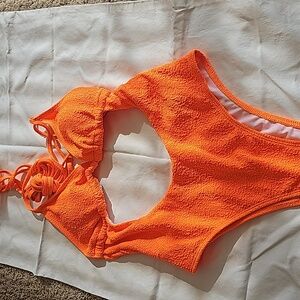 Sexy 1 piece neon orange bathing suit high cut